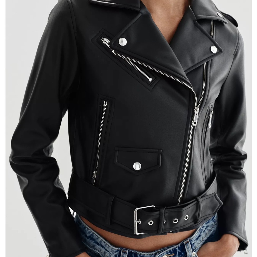 Zara Black Faux Leather biker Jacket with Belt